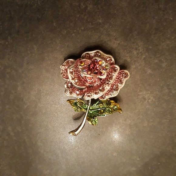 Pink and Green Rose Rhinestone Brooch - Picture 2 of 2
